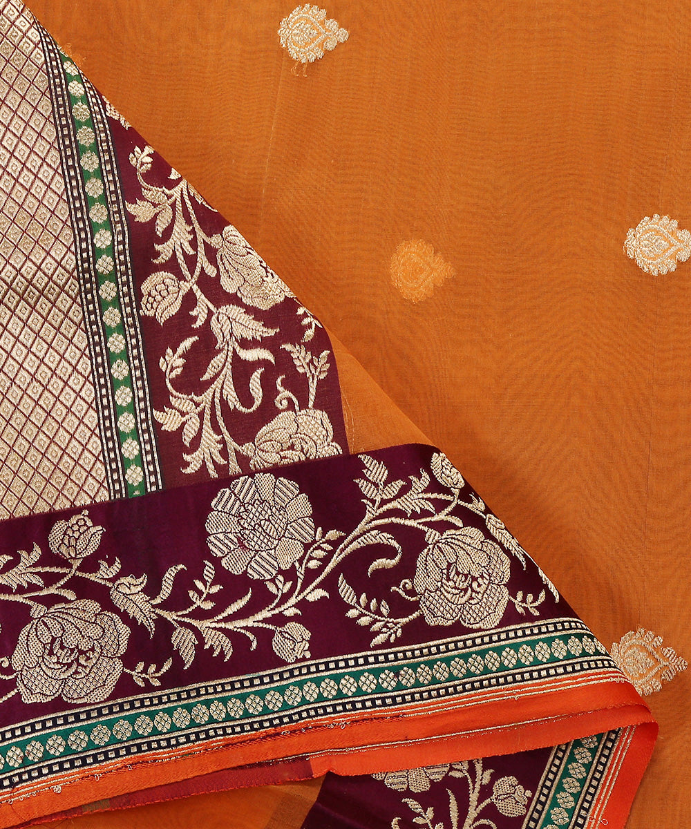 Handloom_Orange_Kora_Silk_Banarasi_Dupatta_With_Wine_Border_WeaverStory_04