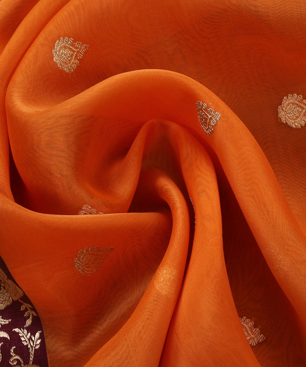 Handloom_Orange_Kora_Silk_Banarasi_Dupatta_With_Wine_Border_WeaverStory_05