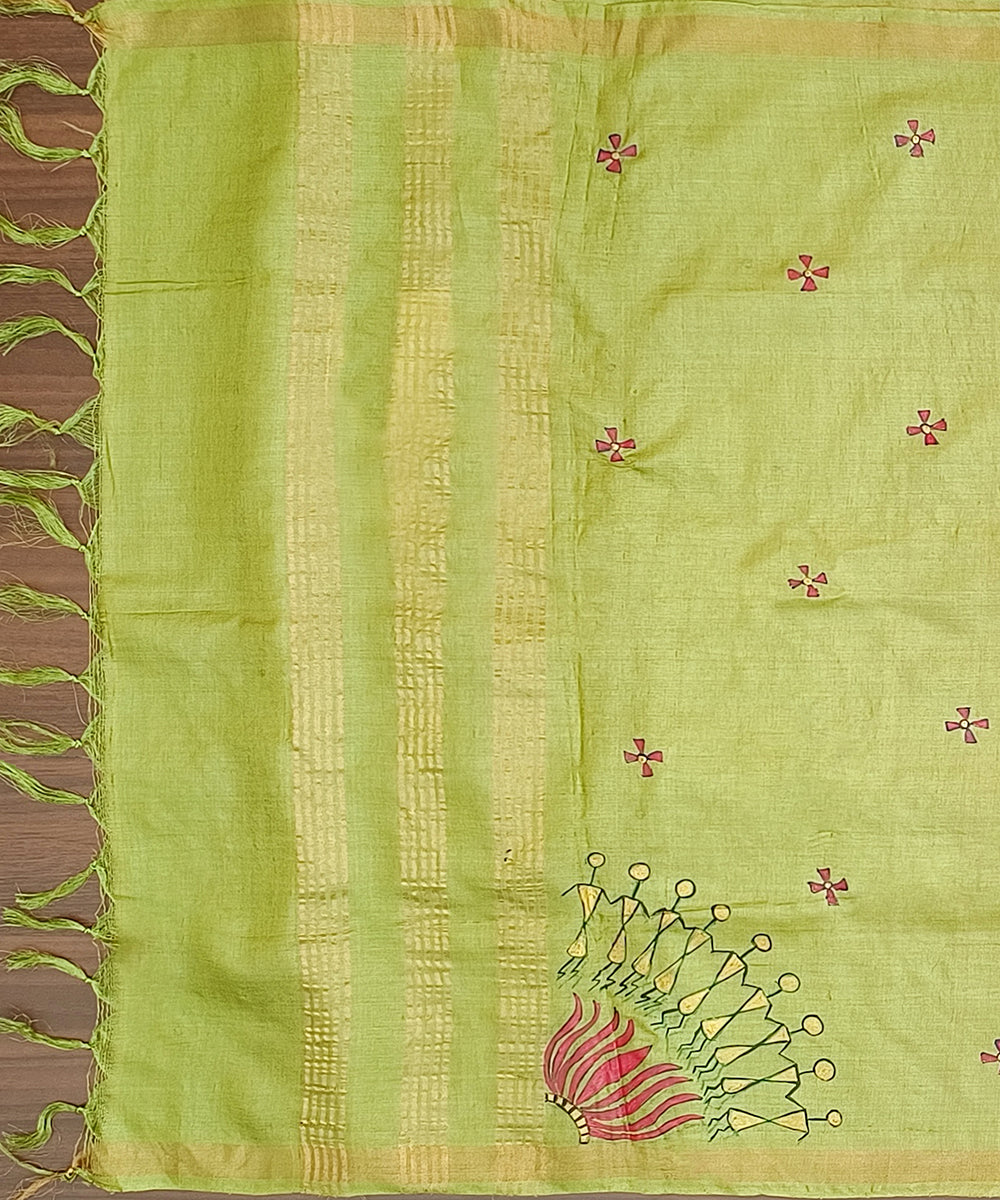 Lime_Green_Handloom_Pure_Kosa_Silk_Dupatta_With_Tribal_Motifs_WeaverStory_02