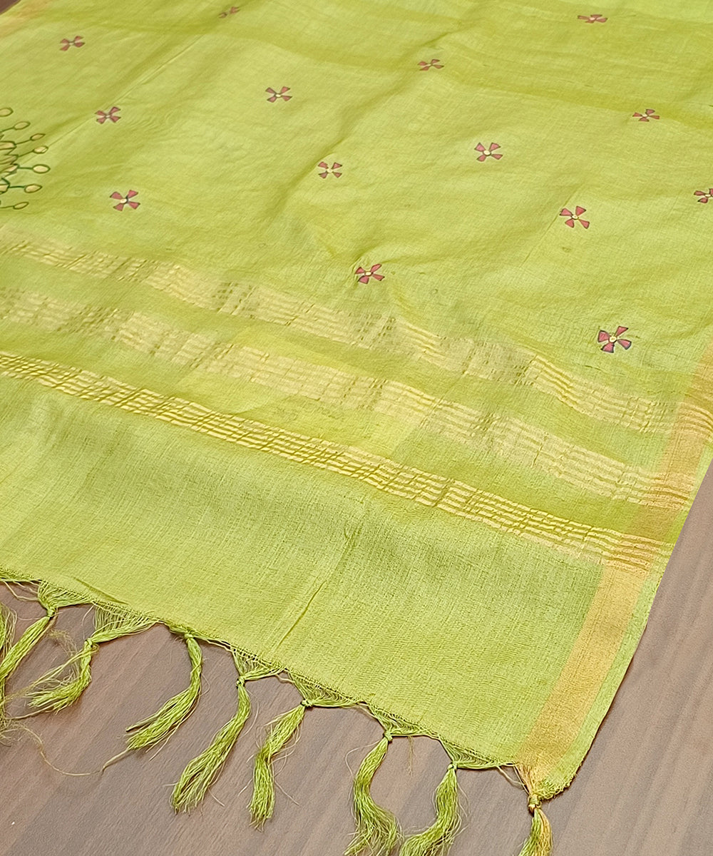Lime_Green_Handloom_Pure_Kosa_Silk_Dupatta_With_Tribal_Motifs_WeaverStory_03