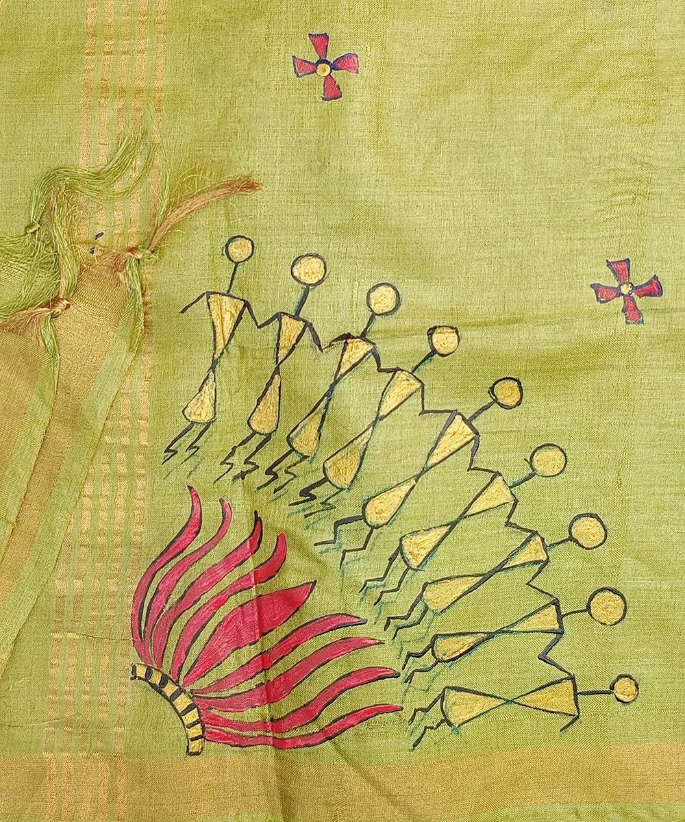 Lime_Green_Handloom_Pure_Kosa_Silk_Dupatta_With_Tribal_Motifs_WeaverStory_04