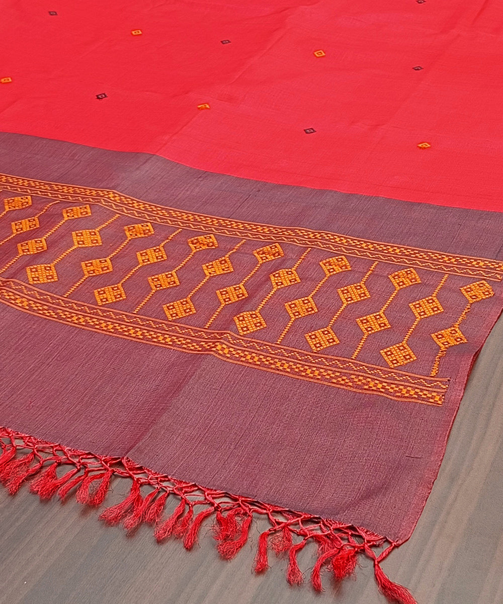 Tomato_Red_Handloom_Pure_Kosa_Silk_Dupatta_With_Booti_WeaverStory_03