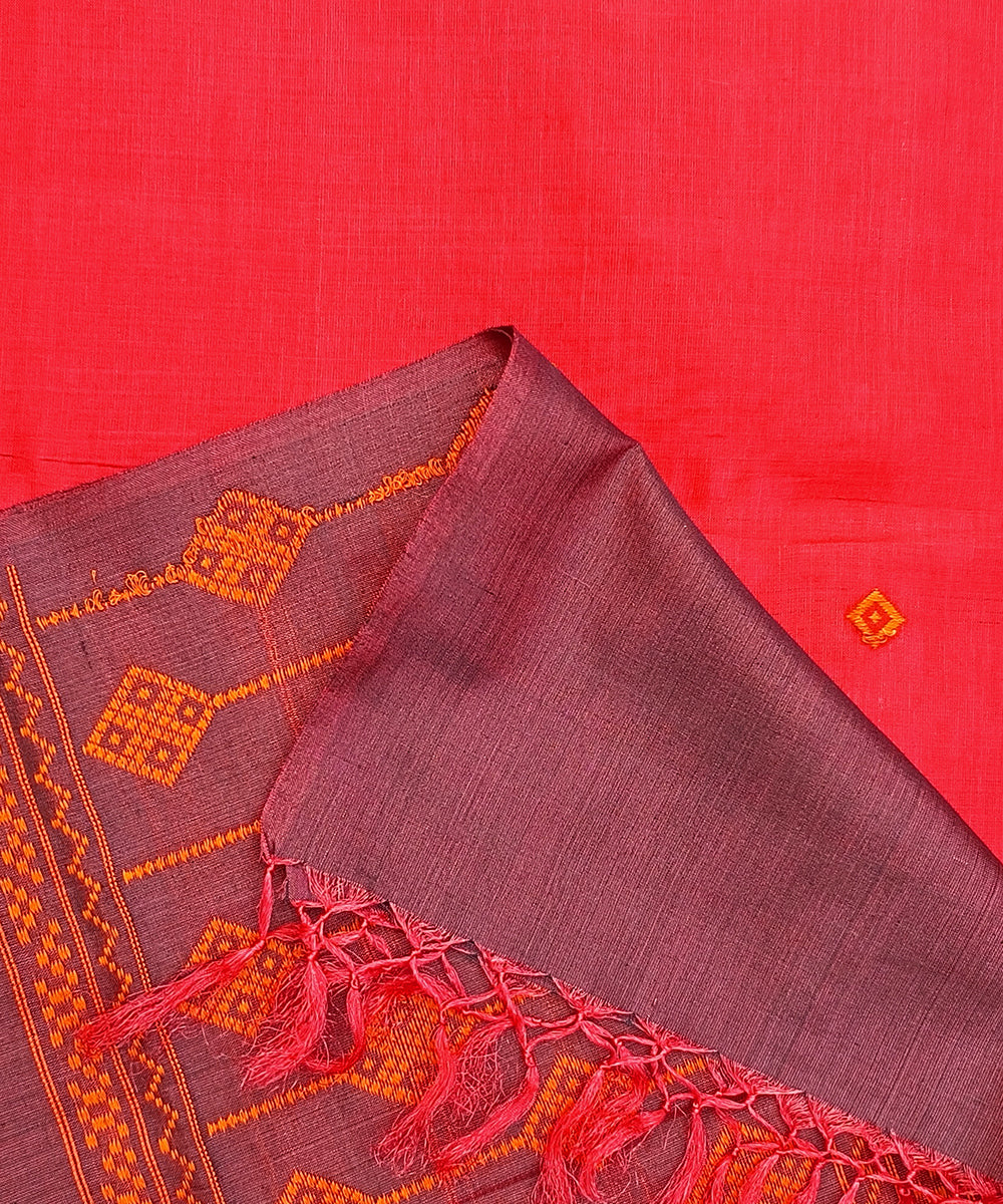 Tomato_Red_Handloom_Pure_Kosa_Silk_Dupatta_With_Booti_WeaverStory_04