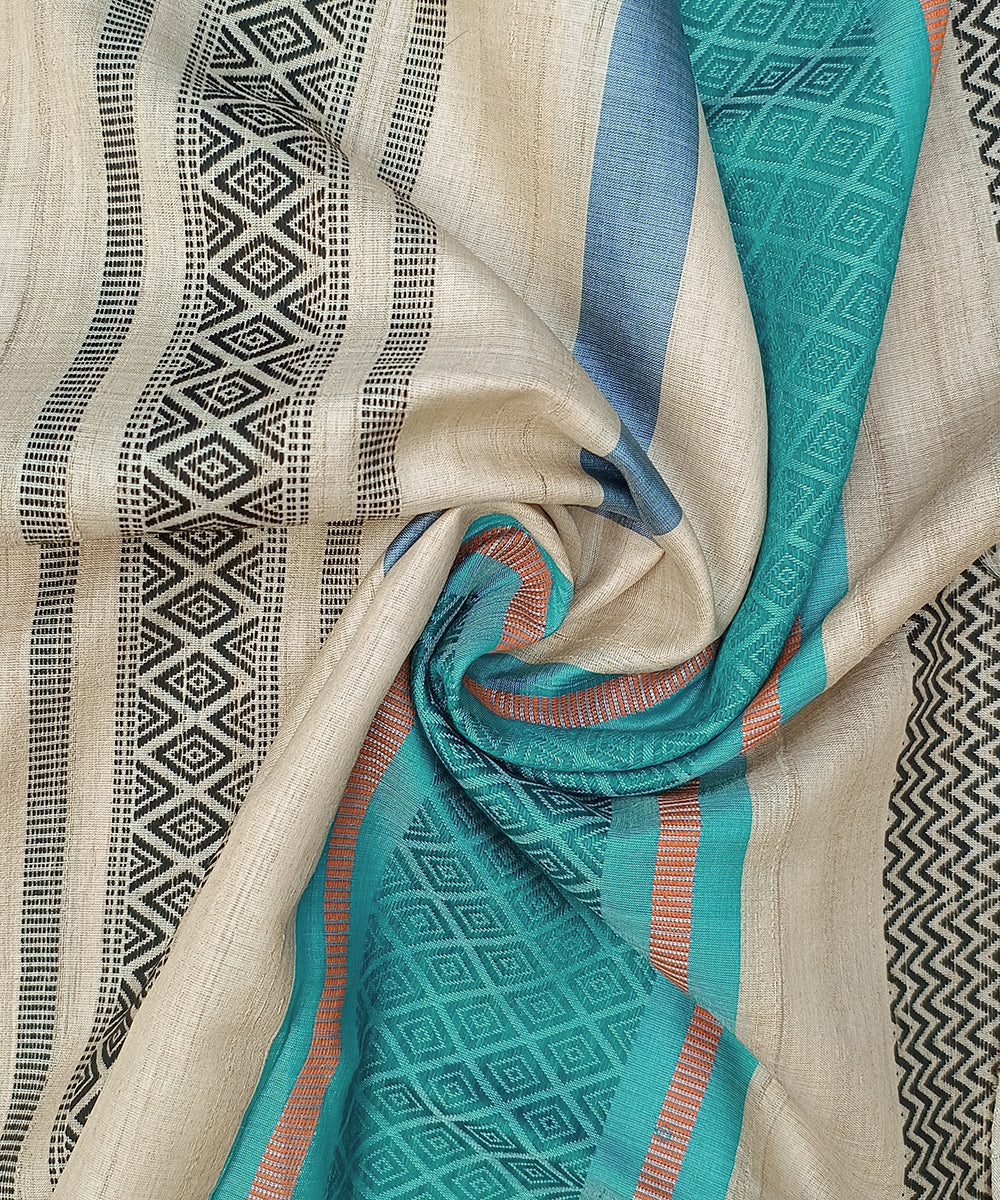 Handloom_Grey_And_Blue_Pure_Kosa_Silk_Striped_Dupatta_WeaverStory_05