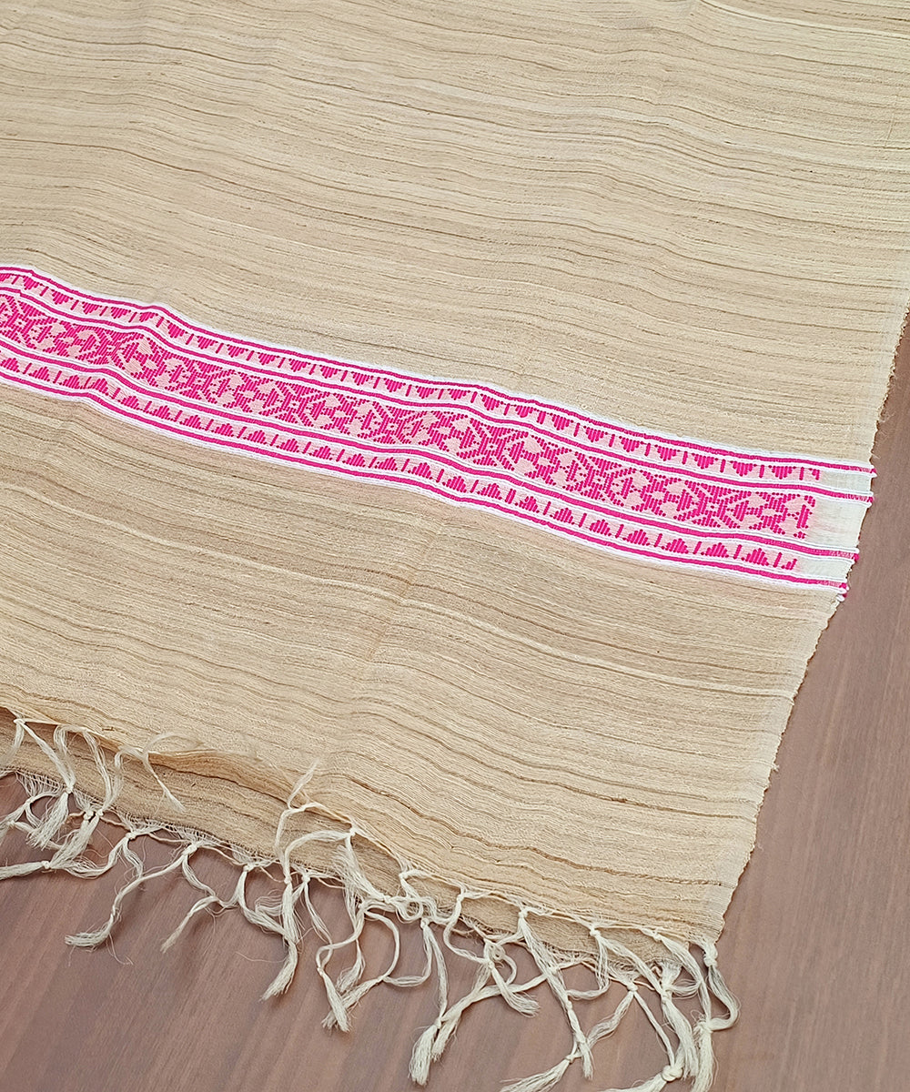 Handloom_Beige_Pure_Kosa_Silk_Dupatta_With_Pink_Geometrical_On_Palla_WeaverStory_03