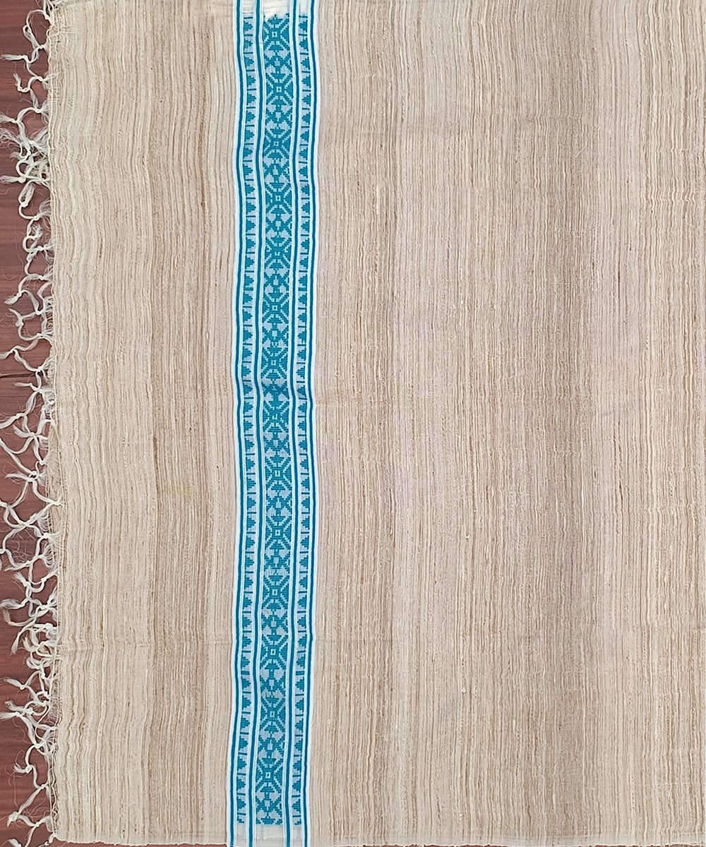 Handloom_Beige_Pure_Kosa_Silk_Dupatta_With_Teal_Geometrical_Border_On_Palla_WeaverStory_02