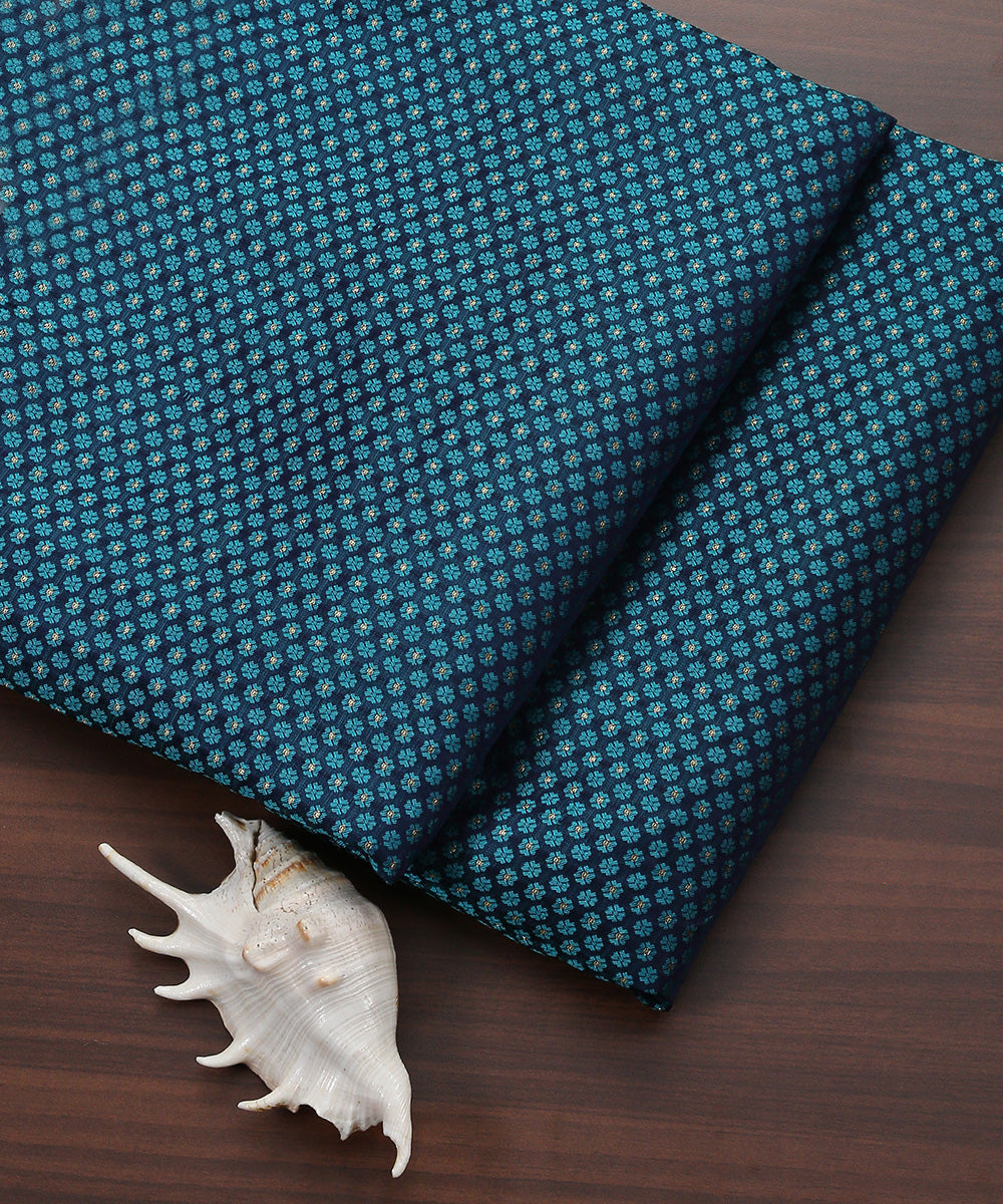 Blue_Handloom_Pure_Katan_Silk_Tanchoi_Banarasi_Fabric_with_Zari_Booti_WeaverStory_01