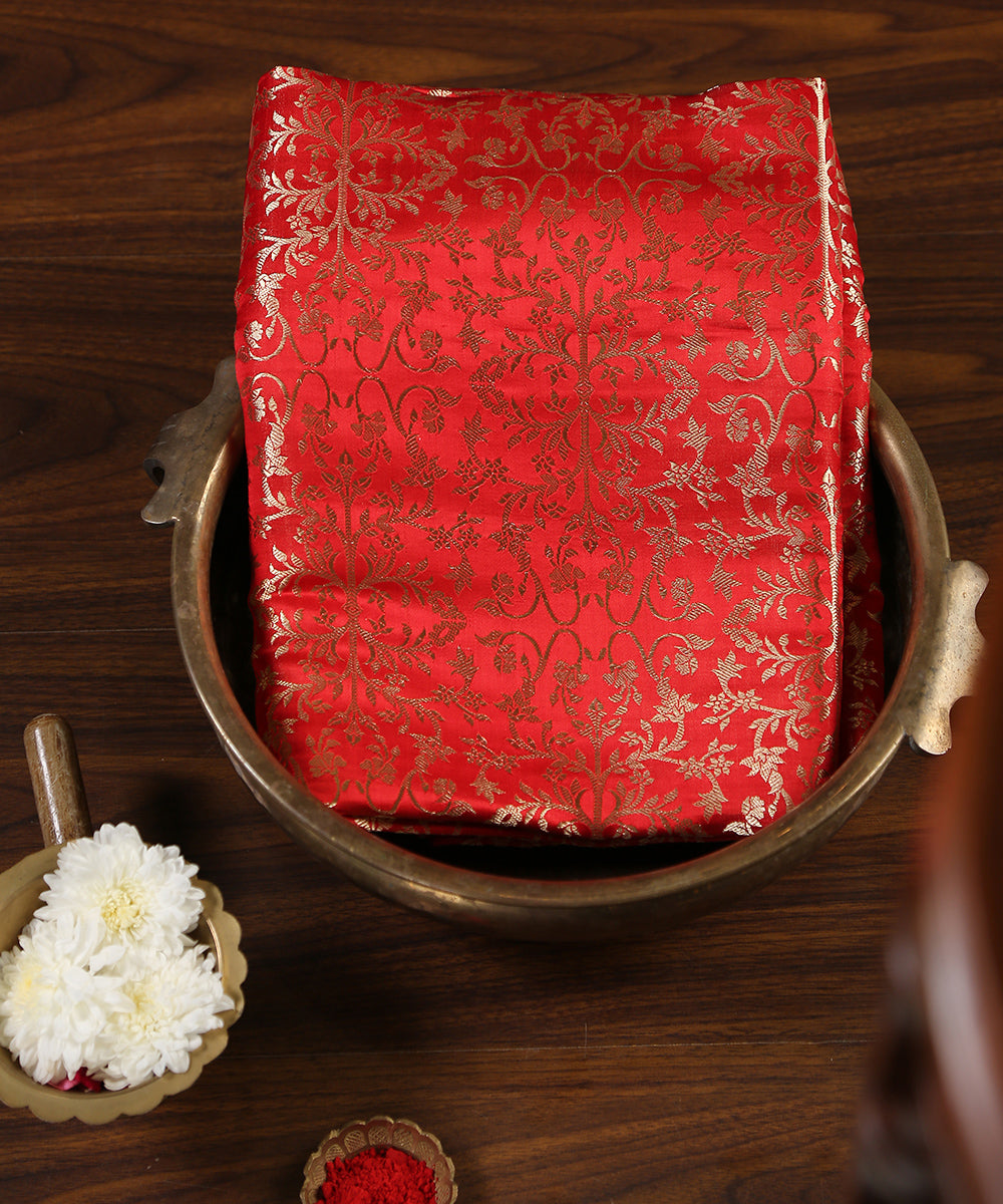 Red_Handloom_Satin_Silk_Brocade_Banarasi_Fabric_With_Zari_Jaal_WeaverStory_01
