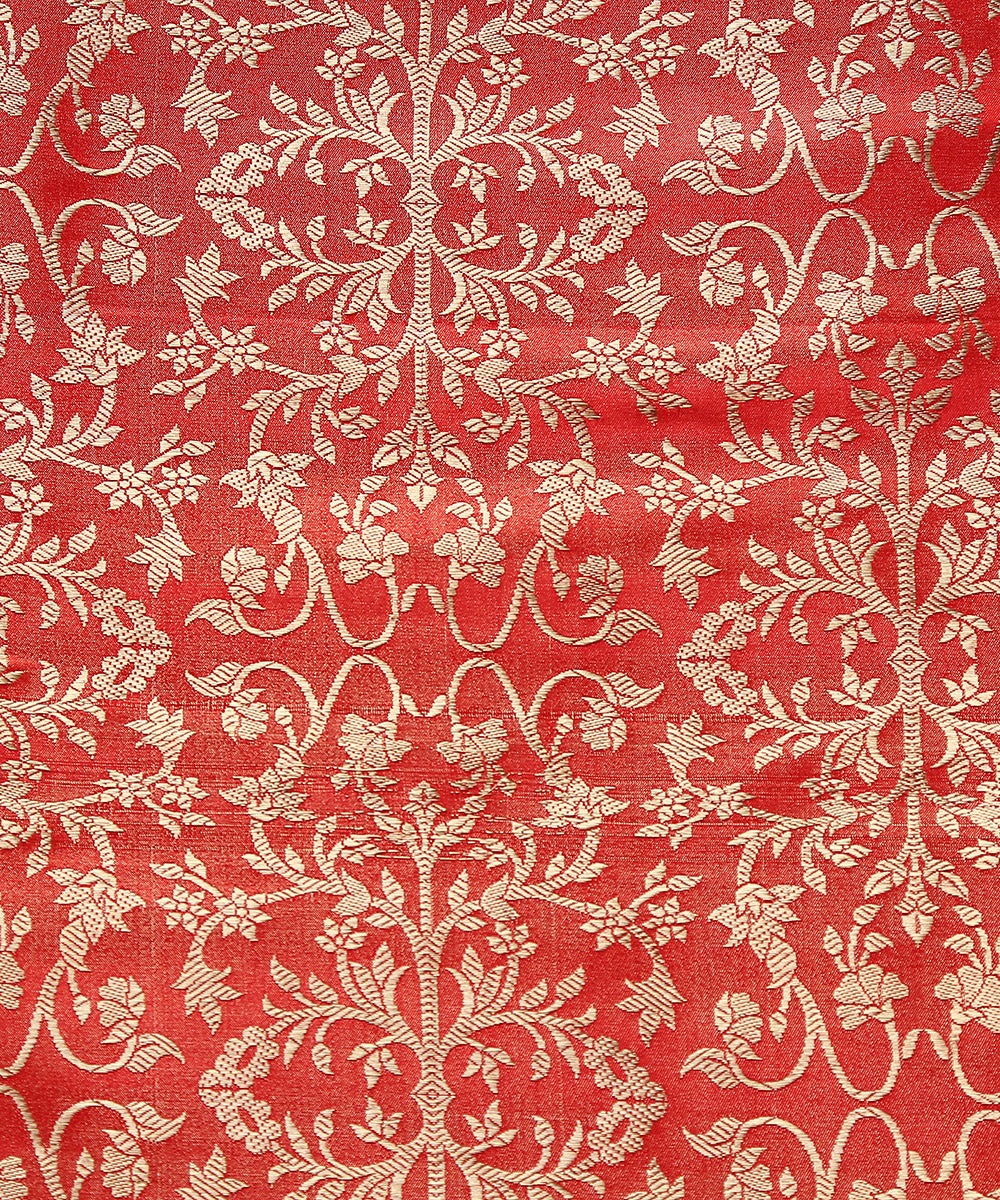 Red_Handloom_Satin_Silk_Brocade_Banarasi_Fabric_With_Zari_Jaal_WeaverStory_02