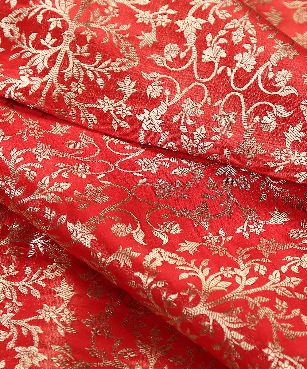 Red_Handloom_Satin_Silk_Brocade_Banarasi_Fabric_With_Zari_Jaal_WeaverStory_04