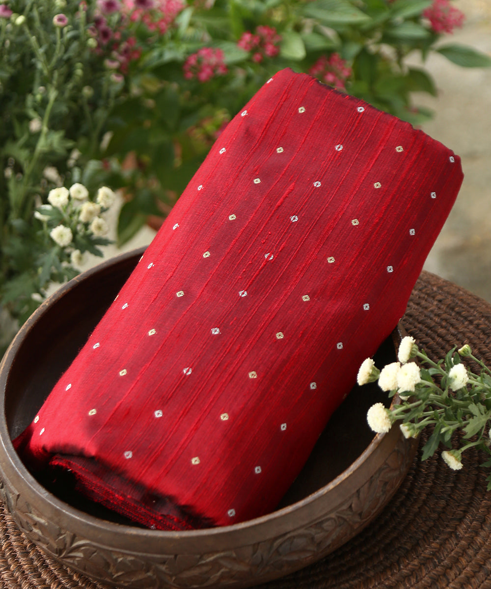 Handloom_Maroon_Pure_Tussar_Silk_Banarasi_Fabric_With_Booti_WeaverStory_01
