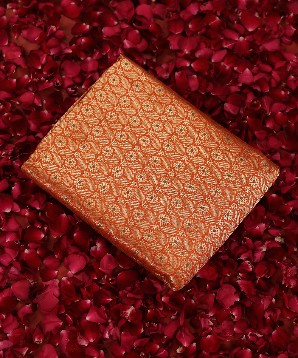 Orange_Handloom_Pure_Katan_Silk_Brocade_Kimkhab_Fabric_With_Green_Meenakari_Booti_WeaverStory_01