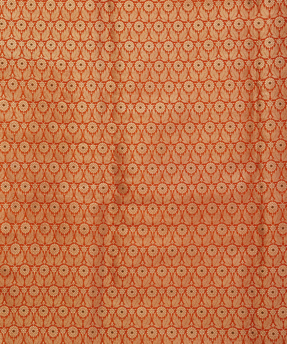 Orange_Handloom_Pure_Katan_Silk_Brocade_Kimkhab_Fabric_With_Green_Meenakari_Booti_WeaverStory_03