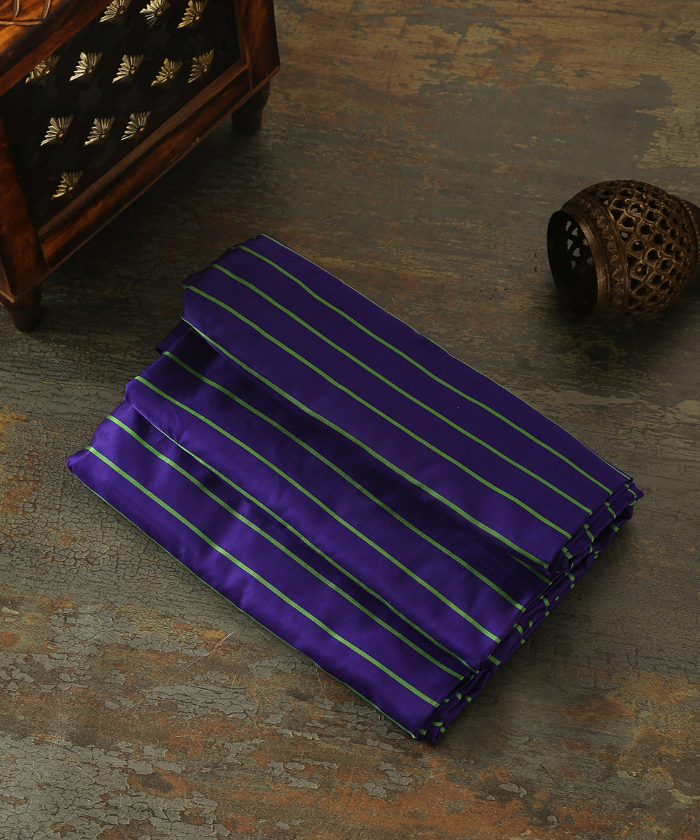 Violet_And_Green_Handloom_Pure_Satin_Silk_Striped_Banarasi_Fabric_WeaverStory_01
