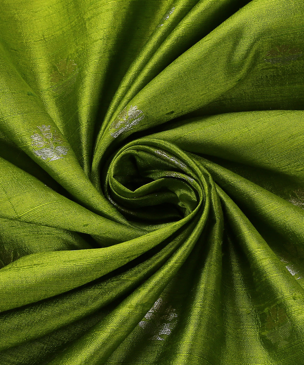 Handloom_Neon_Green_Pure_Tussar_Silk_Banarasi_Fabric_With_Sona_Rupa_Zari_Booti_WeaverStory_05