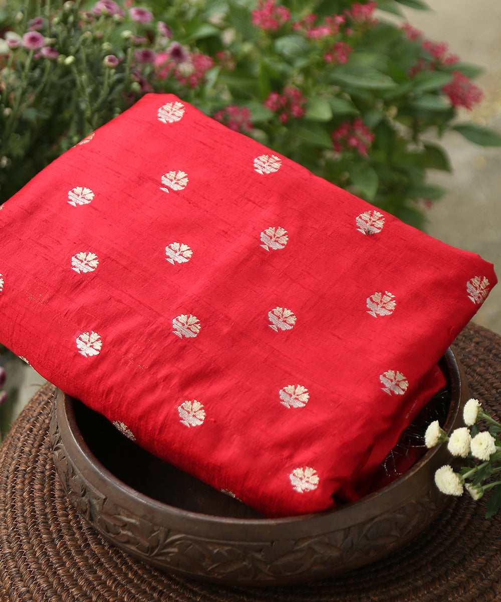 Handloom_Red_Pure_Tussar_Silk_Banarasi_Fabric_With_Sona_Rupa_Booti_WeaverStory_01