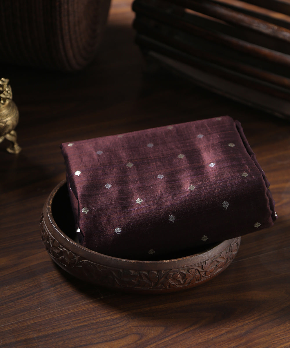 Wine_Handloom_Pure_Tussar_Silk_Banarasi_Fabric_With_Sona_Rupa_Zari_Booti_WeaverStory_01