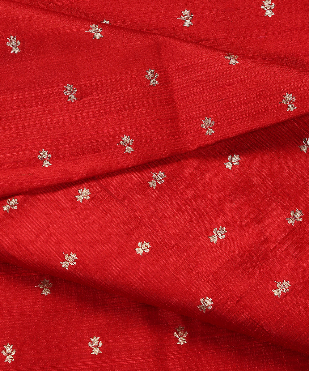 Handloom_Red_Pure_Tussar_Silk_Banarasi_Fabric_With_Sona_Rupa_Zari_Booti_WeaverStory_04