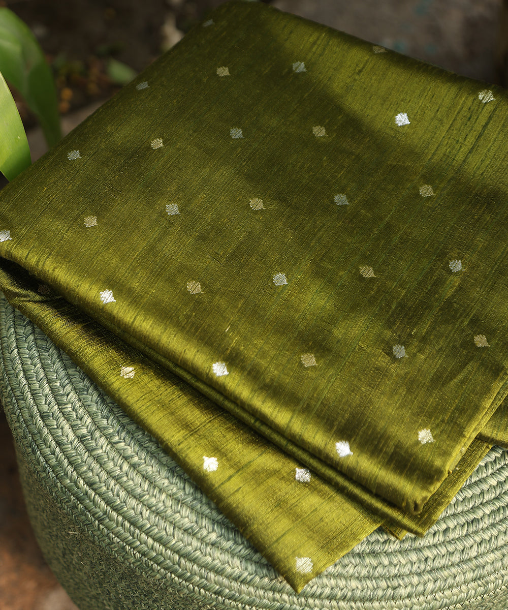 Handloom_Henna_Green_Pure_Tussar_Silk_Banarasi_Fabric_With_Sona_Rupa_Cutwork_Booti_WeaverStory_01