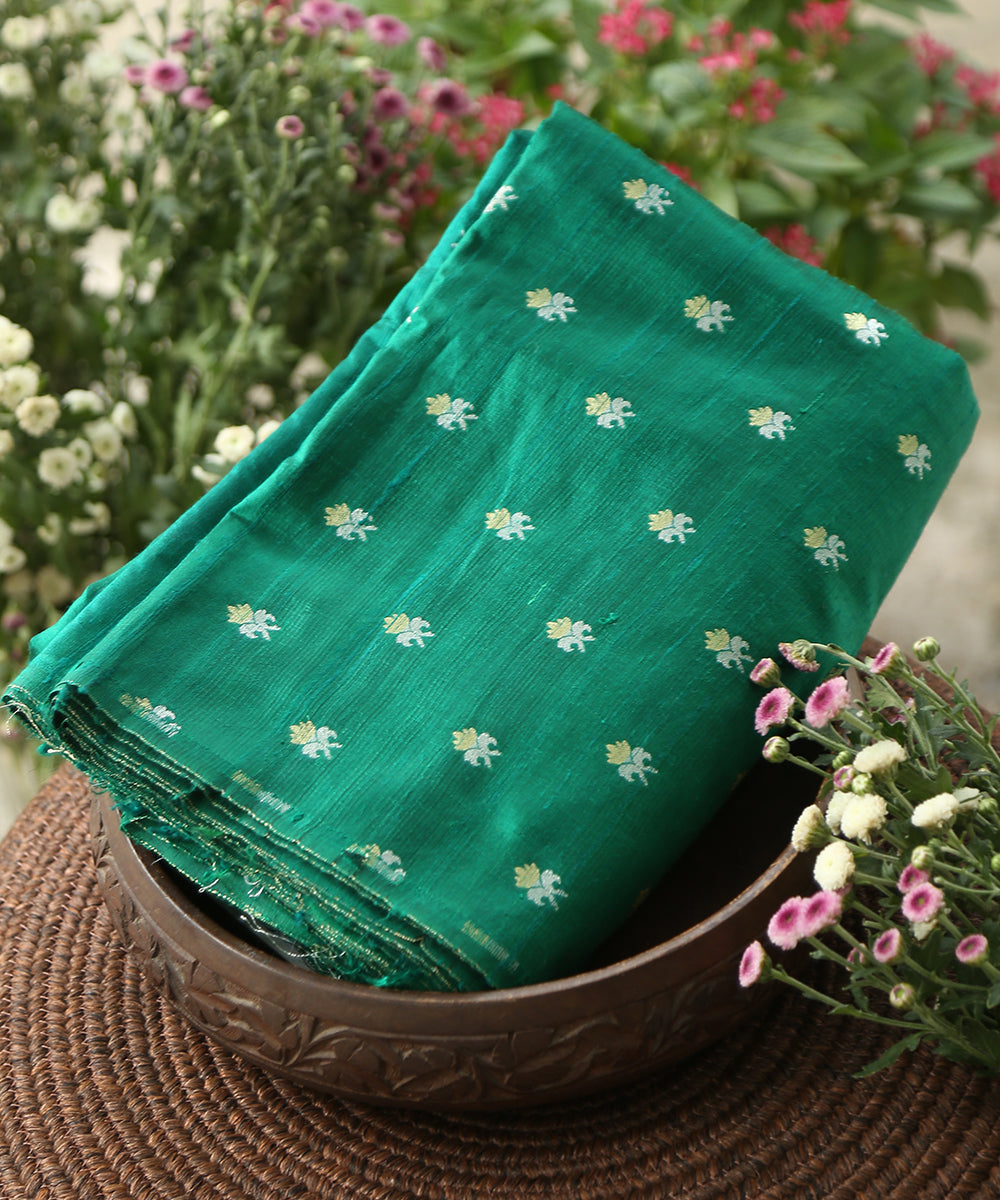 Dark_Green_Handloom_Pure_Tussar_Silk_Banarasi_Fabric_With_Sona_Rupa_Booti_WeaverStory_01
