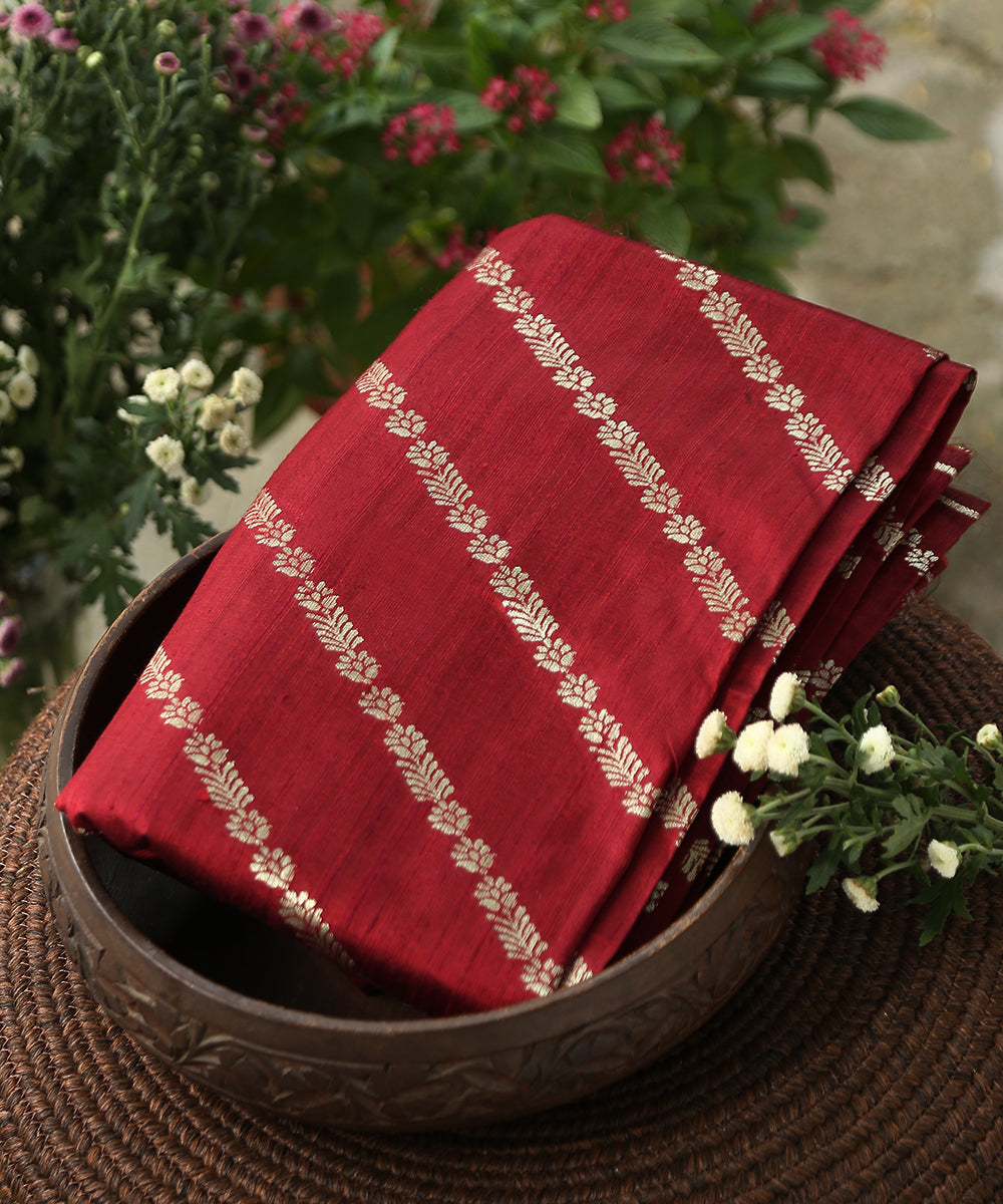Handloom_Dark_Maroon_Pure_Tussar_Silk_Banarasi_Fabric_With_Cutwork_Weave_WeaverStory_01