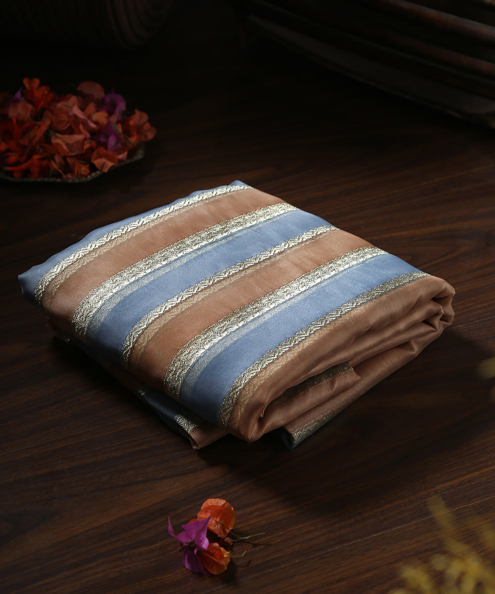 Brown_And_Powder_Blue_Handloom_Brush_Paint_Organza_Banarasi_Fabric_With_Striped_Zari_Work_WeaverStory_01