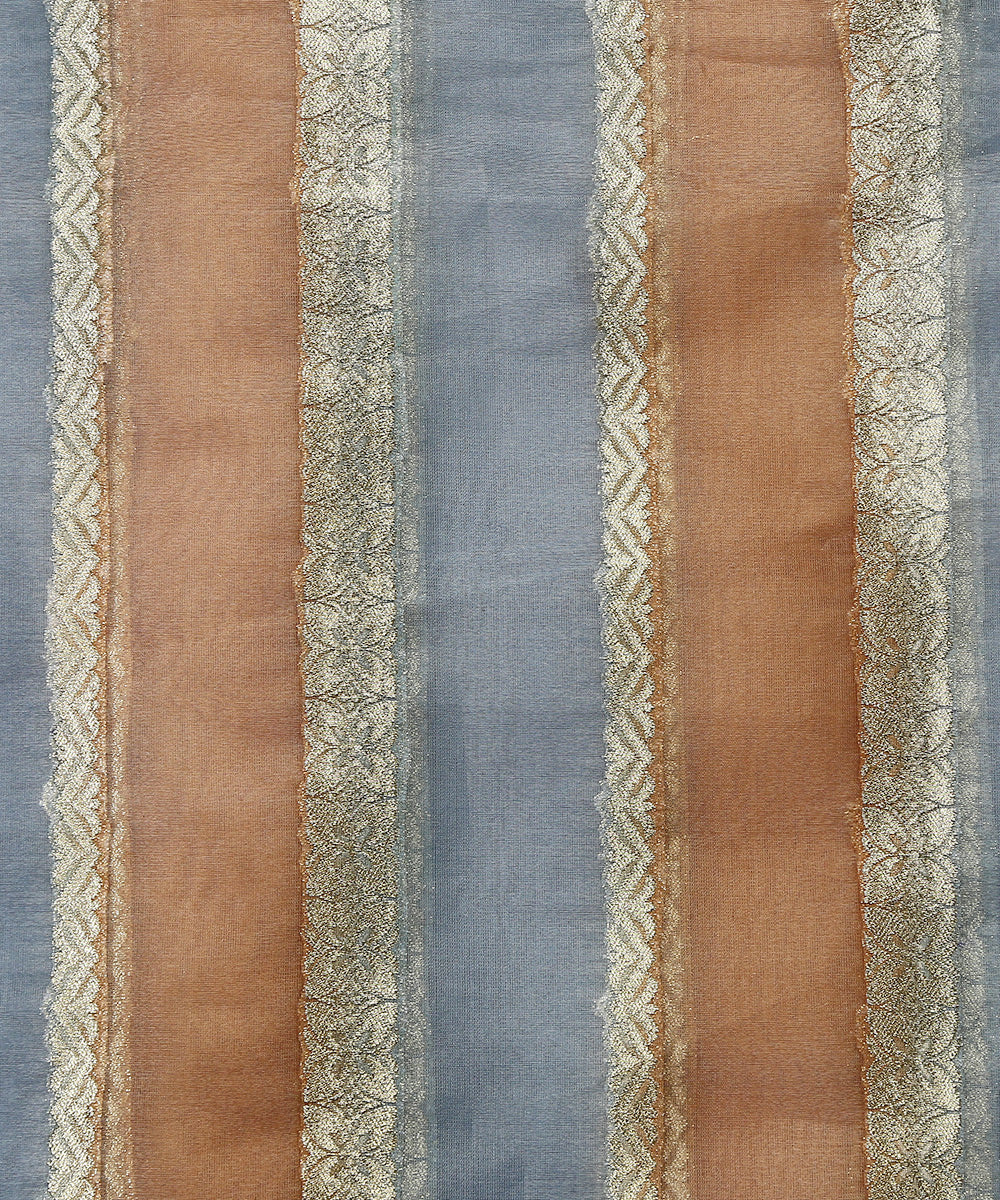 Brown_And_Powder_Blue_Handloom_Brush_Paint_Organza_Banarasi_Fabric_With_Striped_Zari_Work_WeaverStory_03