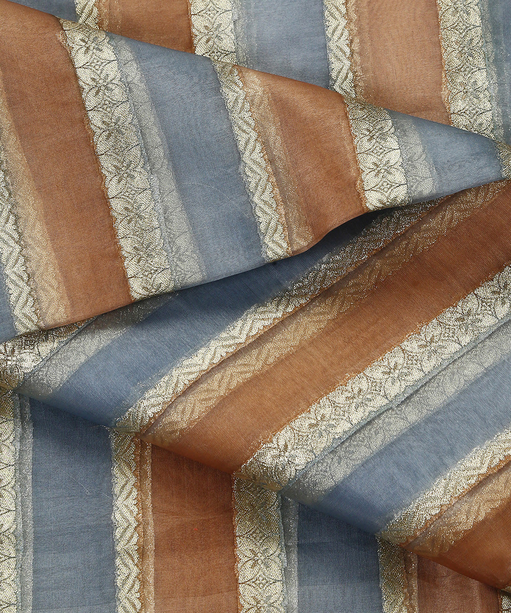 Brown_And_Powder_Blue_Handloom_Brush_Paint_Organza_Banarasi_Fabric_With_Striped_Zari_Work_WeaverStory_04