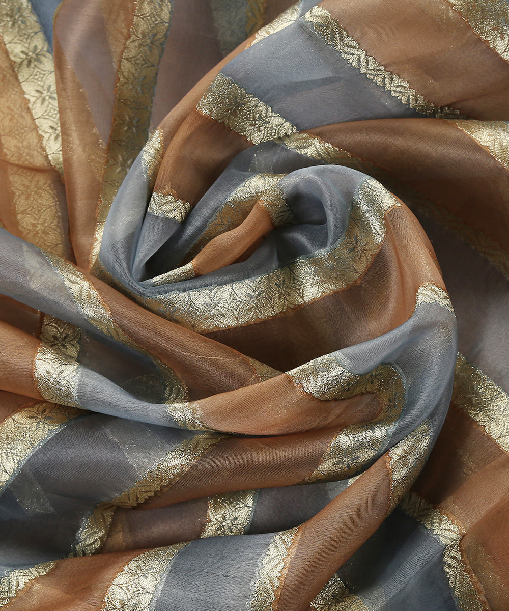 Brown_And_Powder_Blue_Handloom_Brush_Paint_Organza_Banarasi_Fabric_With_Striped_Zari_Work_WeaverStory_05