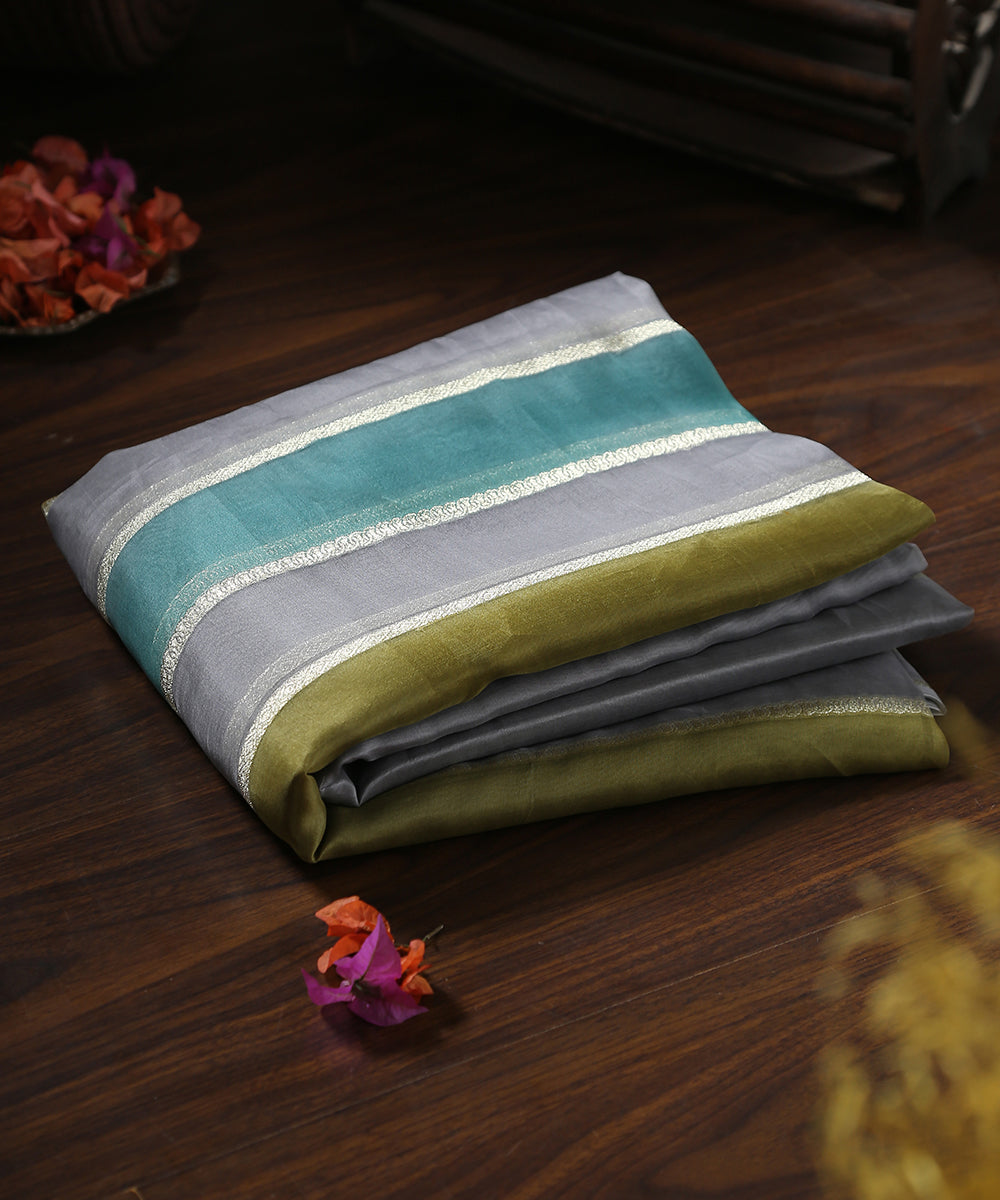 Handloom_Grey_And_Olive_Brush_Paint_Organza_Banarasi_Fabric_With_Striped_Zari_Work_WeaverStory_01