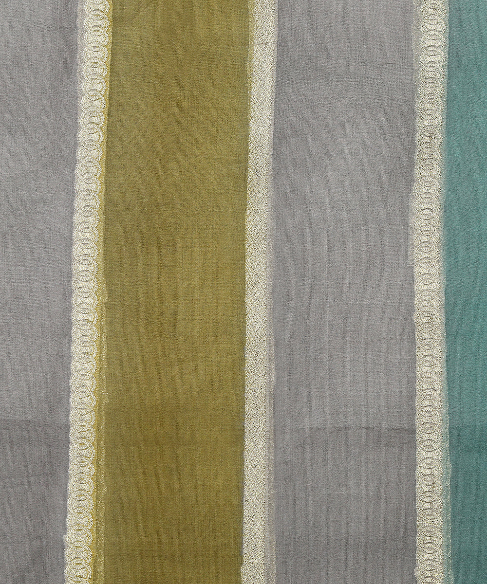 Handloom_Grey_And_Olive_Brush_Paint_Organza_Banarasi_Fabric_With_Striped_Zari_Work_WeaverStory_03