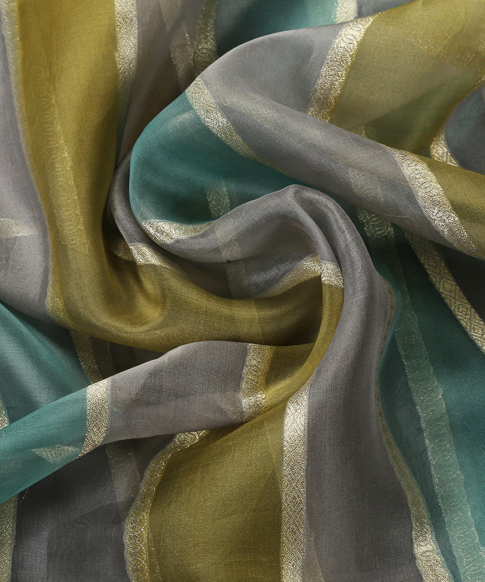 Handloom_Grey_And_Olive_Brush_Paint_Organza_Banarasi_Fabric_With_Striped_Zari_Work_WeaverStory_04