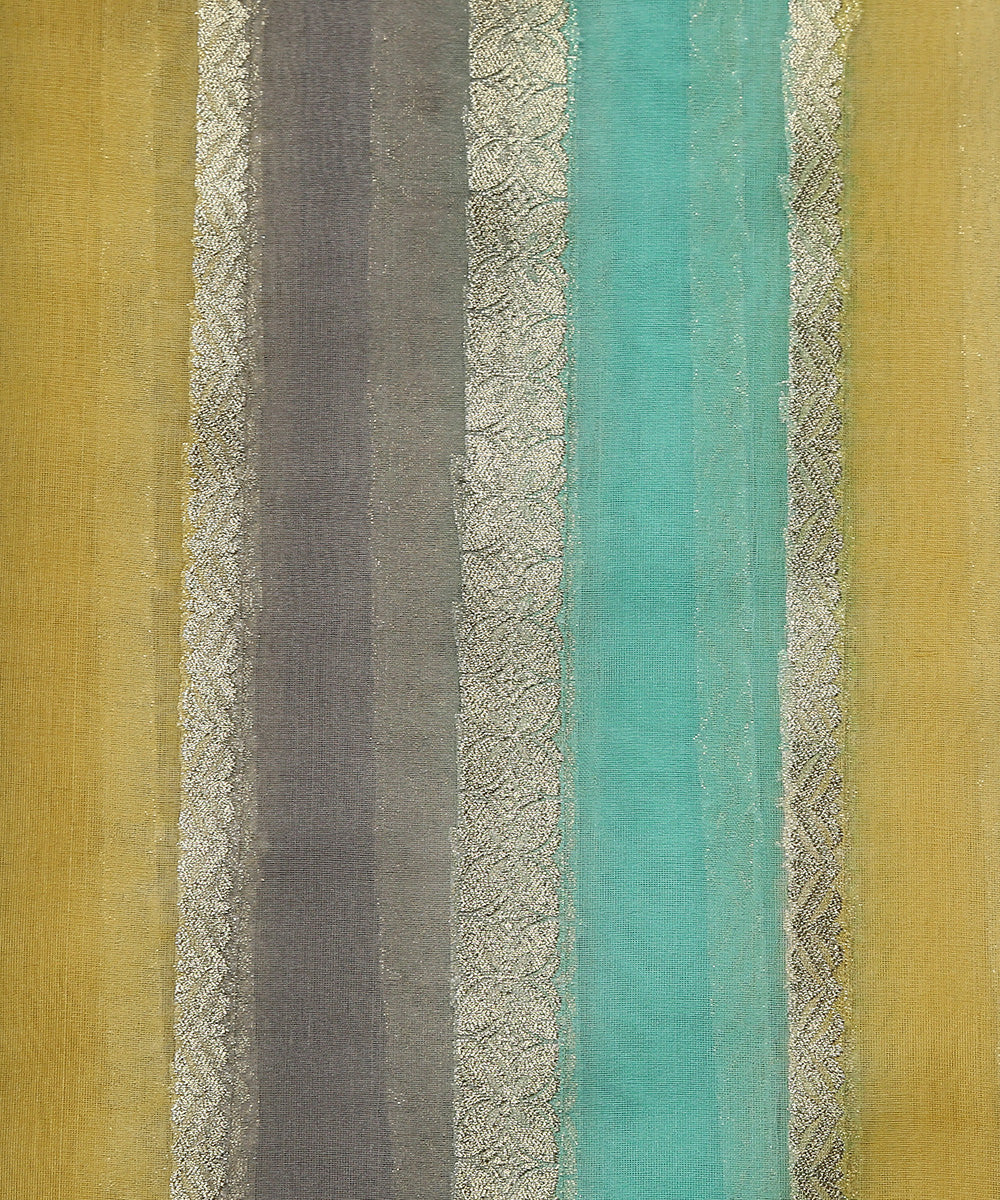 Yellow_And_Grey_Handloom_Brush_Paint_Organza_Banarasi_Fabric_With_Striped_Zari_Work_WeaverStory_03