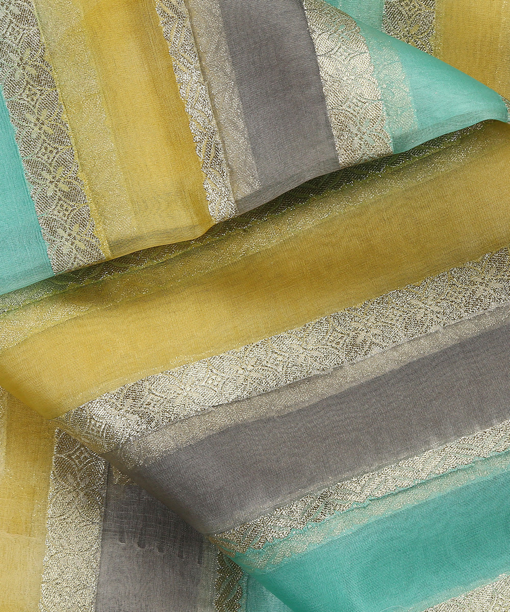 Yellow_And_Grey_Handloom_Brush_Paint_Organza_Banarasi_Fabric_With_Striped_Zari_Work_WeaverStory_04