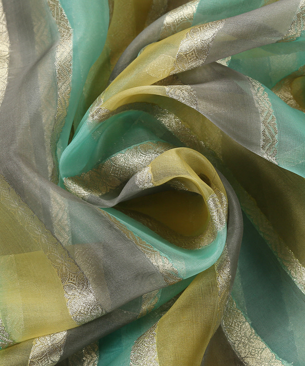Yellow_And_Grey_Handloom_Brush_Paint_Organza_Banarasi_Fabric_With_Striped_Zari_Work_WeaverStory_05