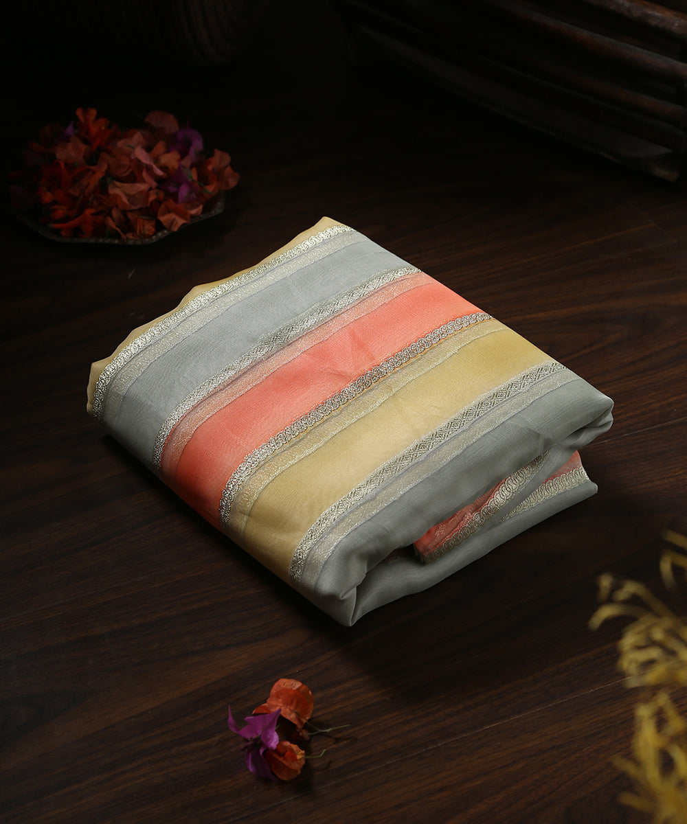 Handloom_Peach_And_Light_Grey_Brush_Paint_Organza_Banarasi_Fabric_With_Striped_Zari_Work_WeaverStory_01
