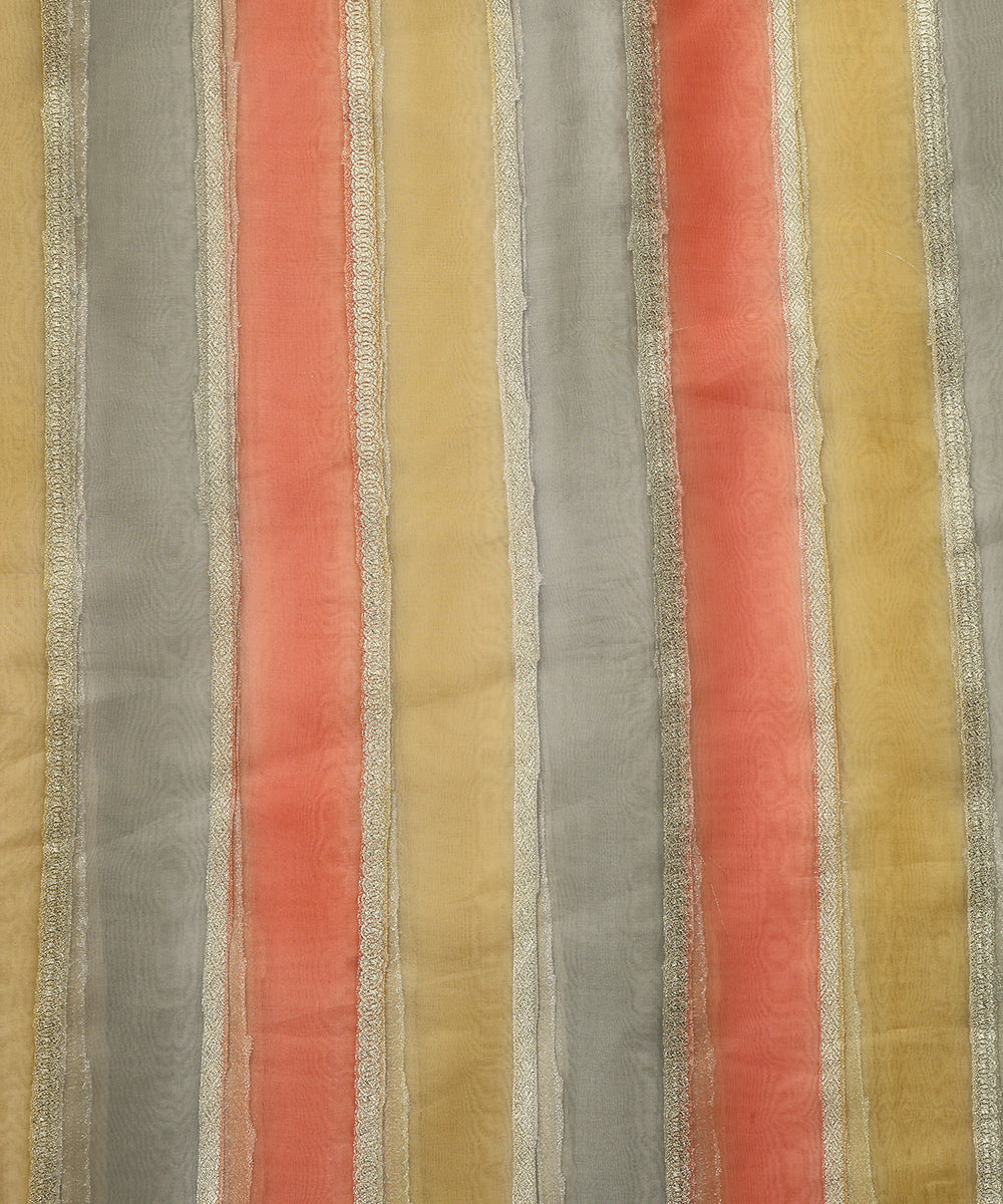 Handloom_Peach_And_Light_Grey_Brush_Paint_Organza_Banarasi_Fabric_With_Striped_Zari_Work_WeaverStory_02