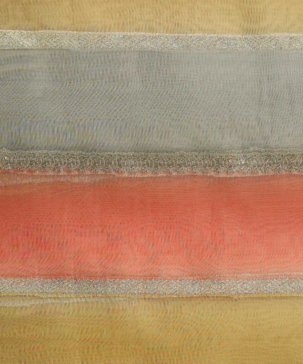 Handloom_Peach_And_Light_Grey_Brush_Paint_Organza_Banarasi_Fabric_With_Striped_Zari_Work_WeaverStory_03