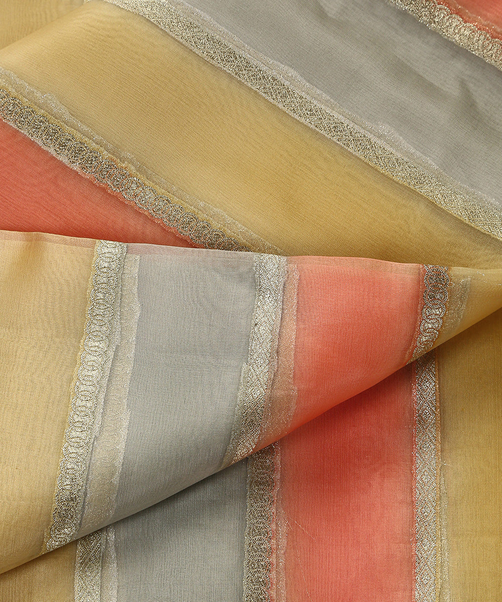 Handloom_Peach_And_Light_Grey_Brush_Paint_Organza_Banarasi_Fabric_With_Striped_Zari_Work_WeaverStory_04