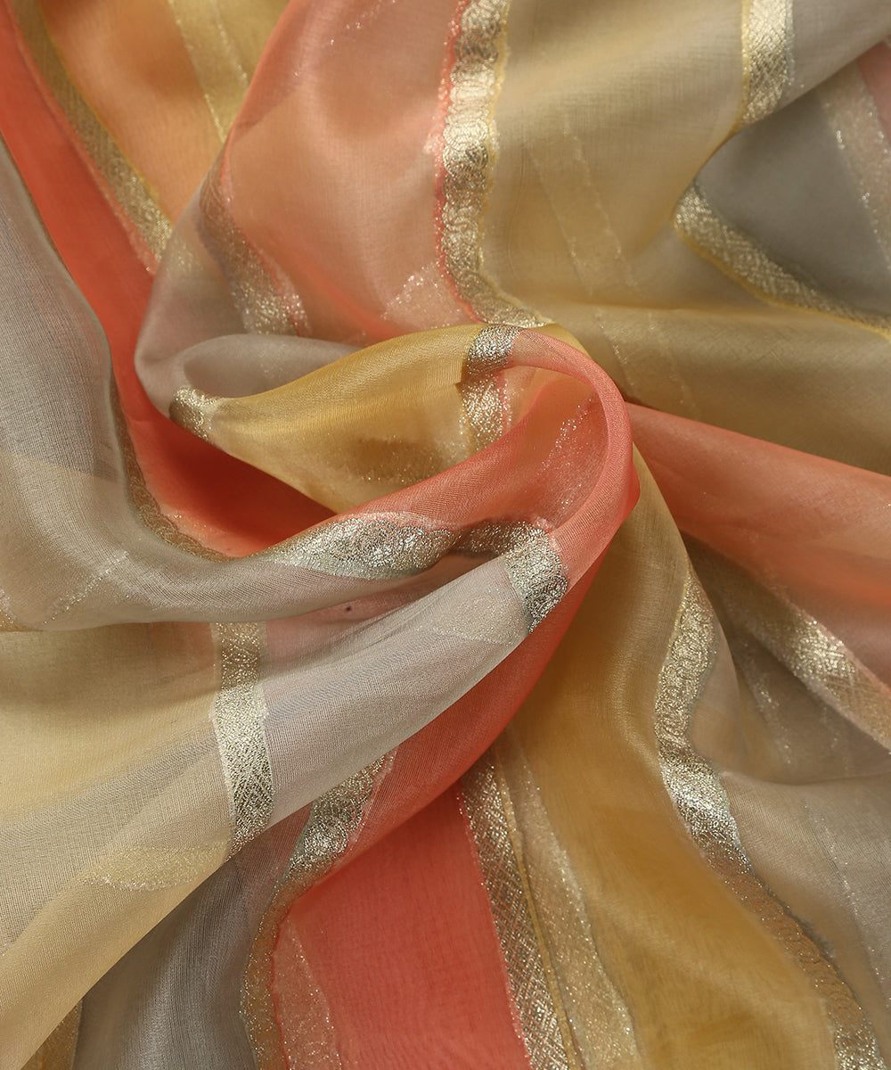 Handloom_Peach_And_Light_Grey_Brush_Paint_Organza_Banarasi_Fabric_With_Striped_Zari_Work_WeaverStory_05