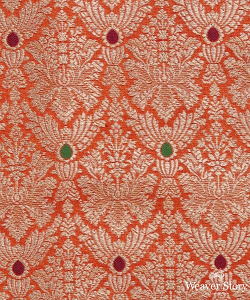 Peach_Handloom_Pure_Katan_Silk_Mughal_Motif_Kimkhab_Banarasi_Fabric_In_Antique_Zari_WeaverStory_02