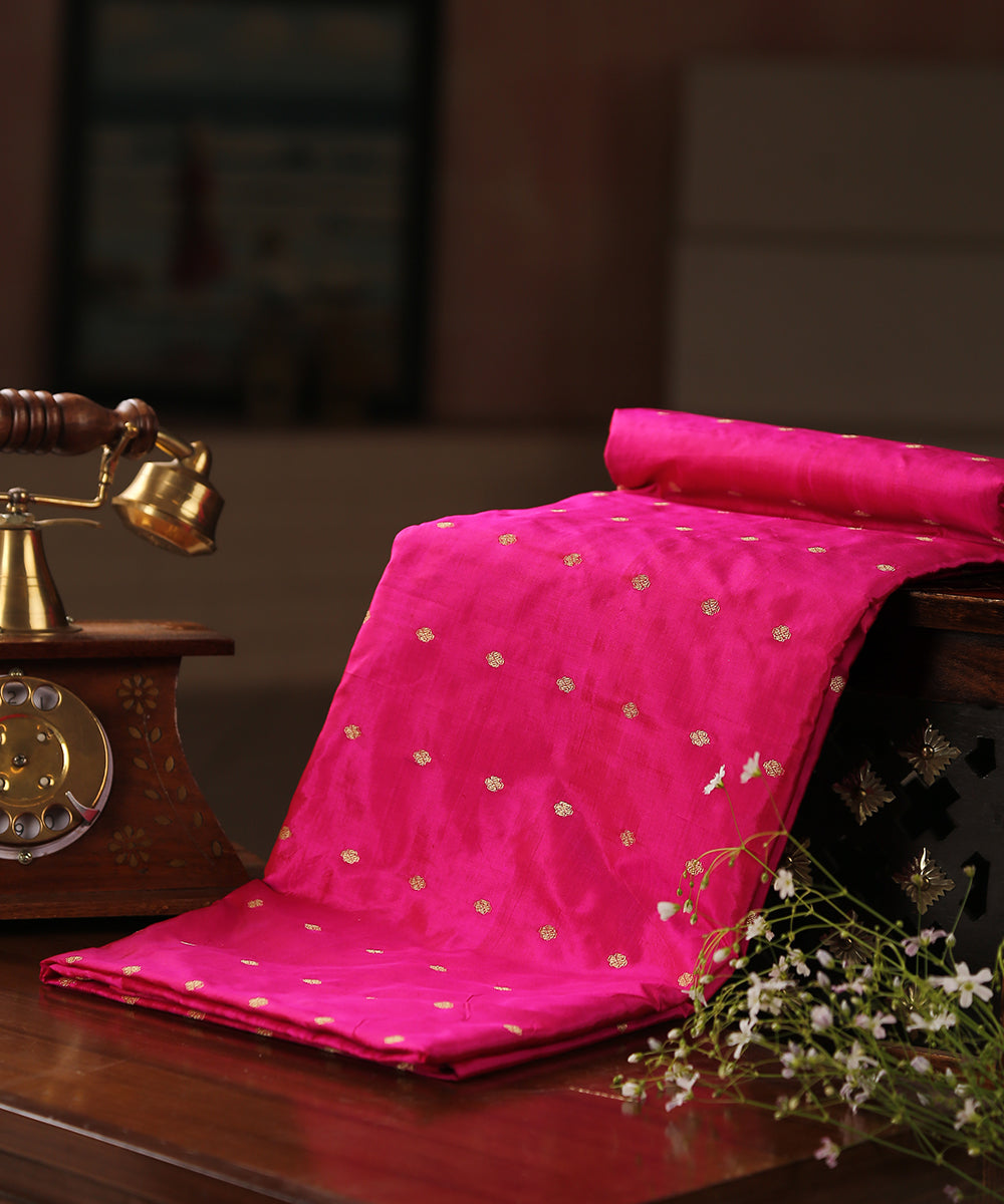 Hot_Pink_Handloom_Pure_Katan_Silk_Pure_Katan_Silk_Banarasi_Fabric_With_Cutwork_Booti_WeaverStory_01