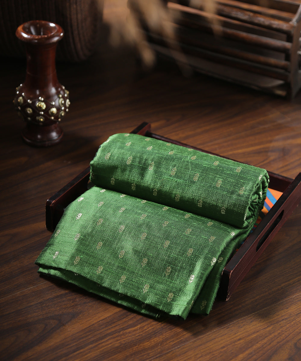 Handloom_Heena_Green_Pure_Tussar_Silk_Banarasi_Fabric_With_Cutwork_Booti_WeaverStory_01