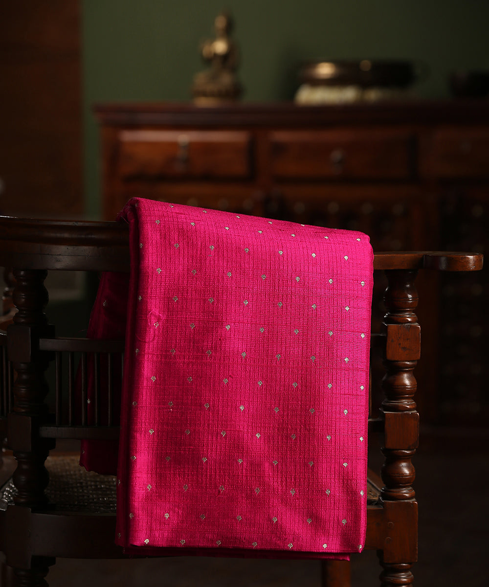 Rani_Pink_Handloom_Pure_Tussar_Silk_Banarasi_Fabric_With_Cutwork_Booti_WeaverStory_01