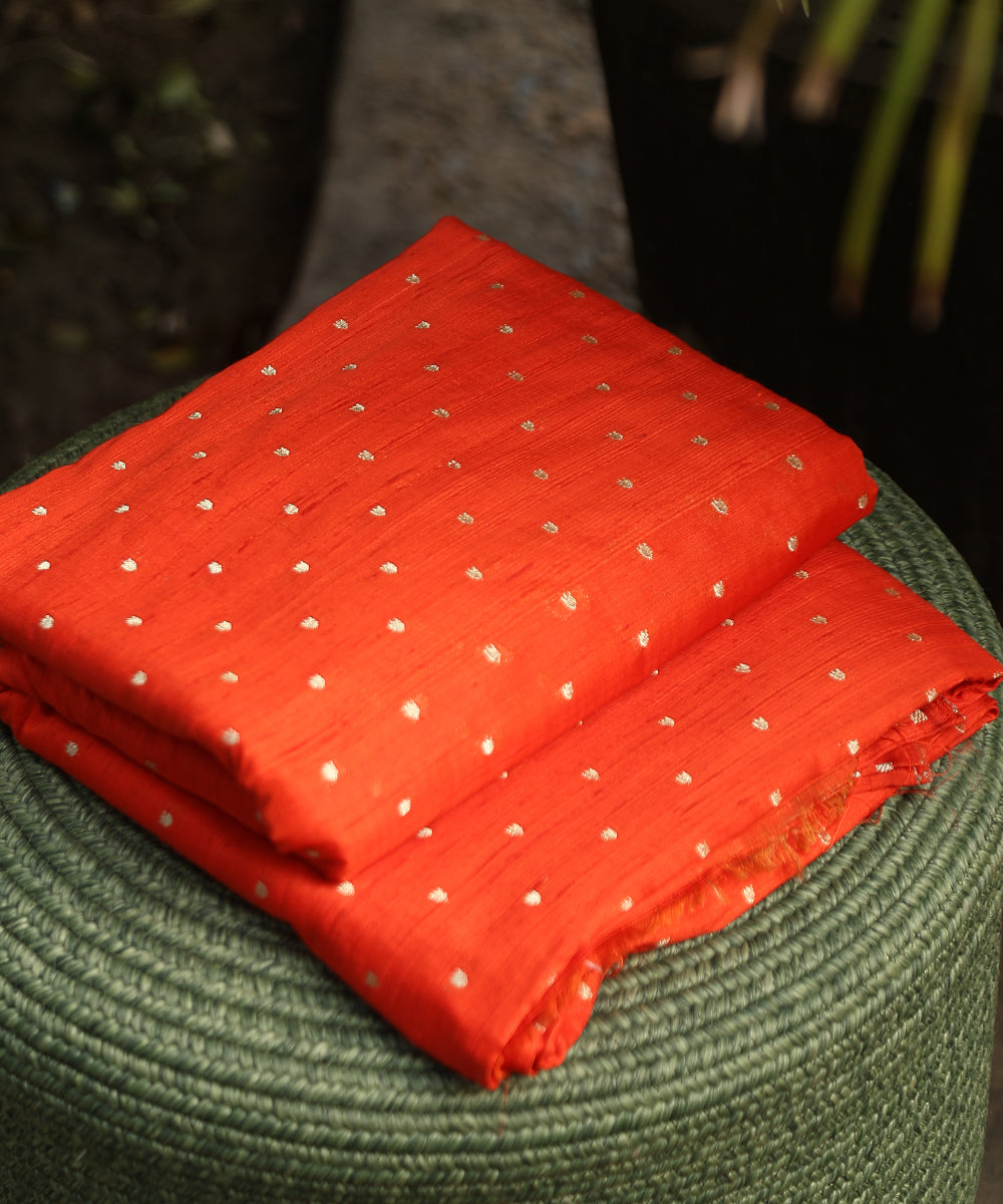 Handloom_Orange_Pure_Tussar_Silk_Banarasi_Fabric_With_Cutwork_Booti_WeaverStory_01
