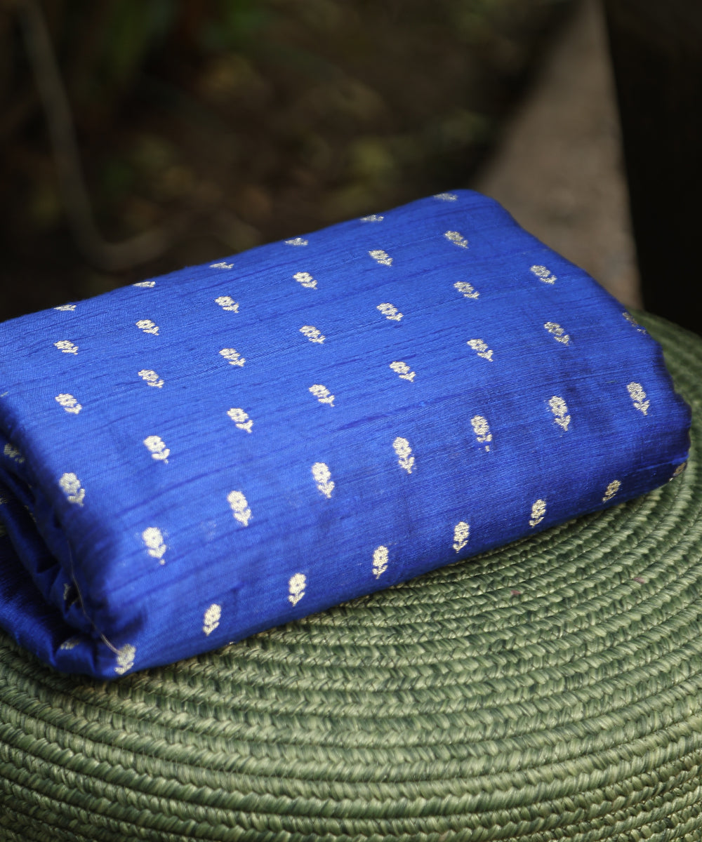 Ink_Blue_Handloom_Pure_Tussar_Silk_Banarasi_Fabric_With_Cutwork_Booti_WeaverStory_01