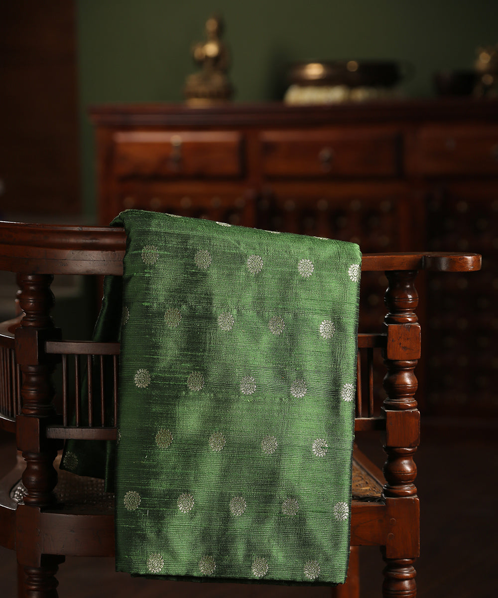 Green_Handloom_Pure_Tussar_Silk_Banarasi_Fabric_With_Cutwork_Booti_WeaverStory_01