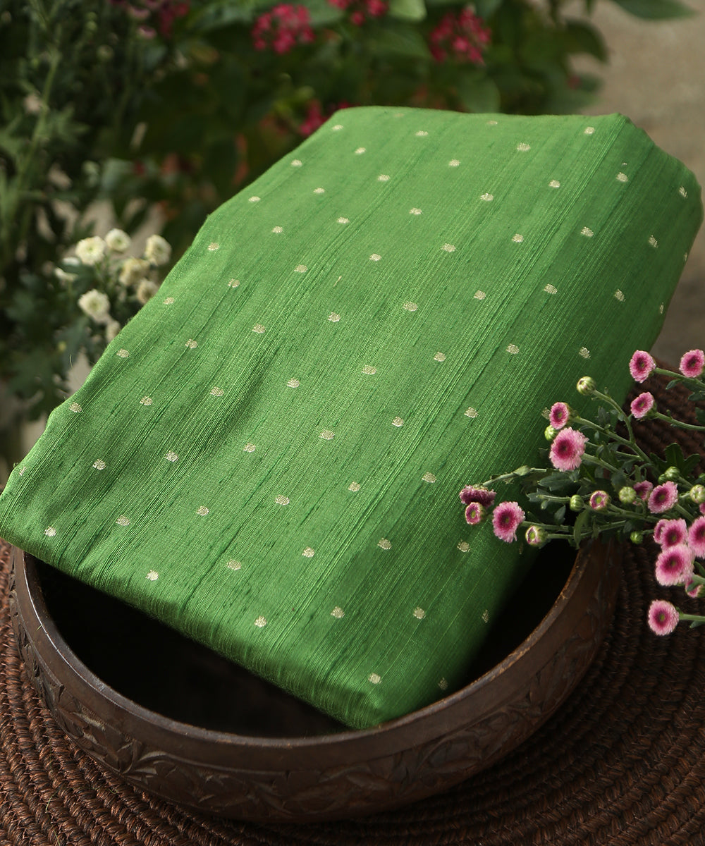Green_Handloom_Pure_Tussar_Silk_Banarasi_Fabric_With_Cutwork_Booti_WeaverStory_01