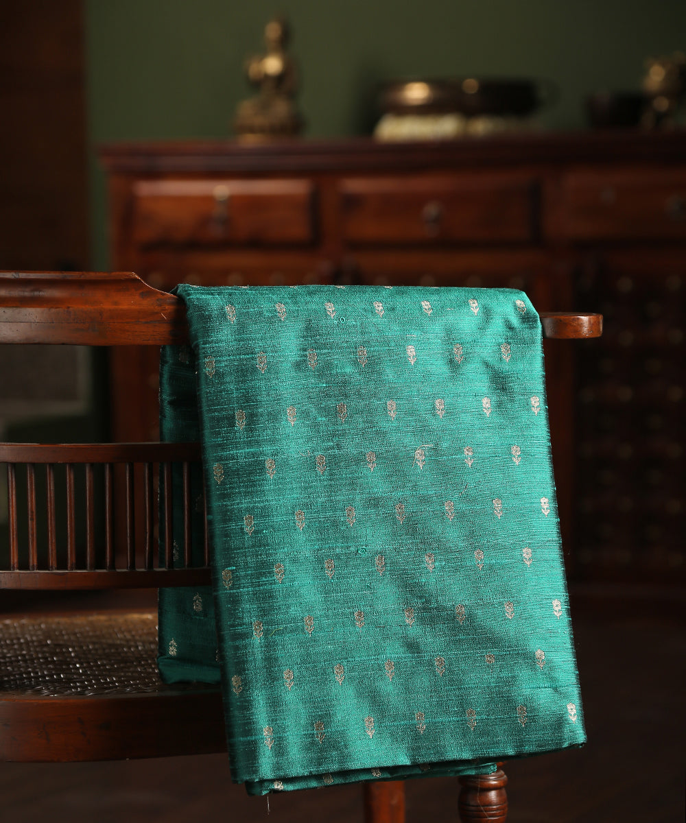 Dark_Mint_Green_Handloom_Pure_Tussar_Silk_Banarasi_Fabric_With_Cutwork_Booti_WeaverStory_01