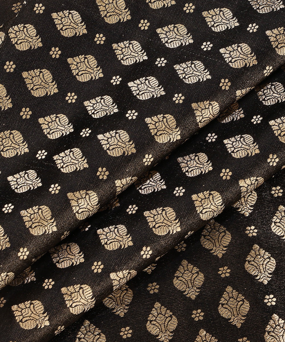 Black_Handloom_Pure_Satin_Silk_Kimkhab_Banarasi_Fabric_With_Gold_Zari_Booti_WeaverStory_04